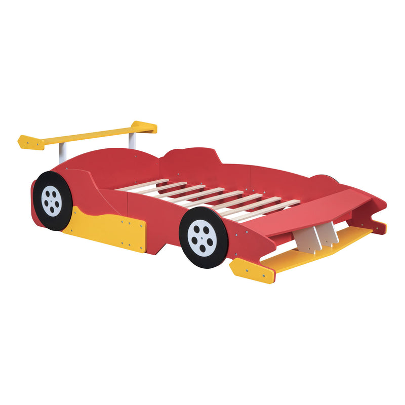 Full Size Race Car-Shaped Platform Bed With Wheels - Red