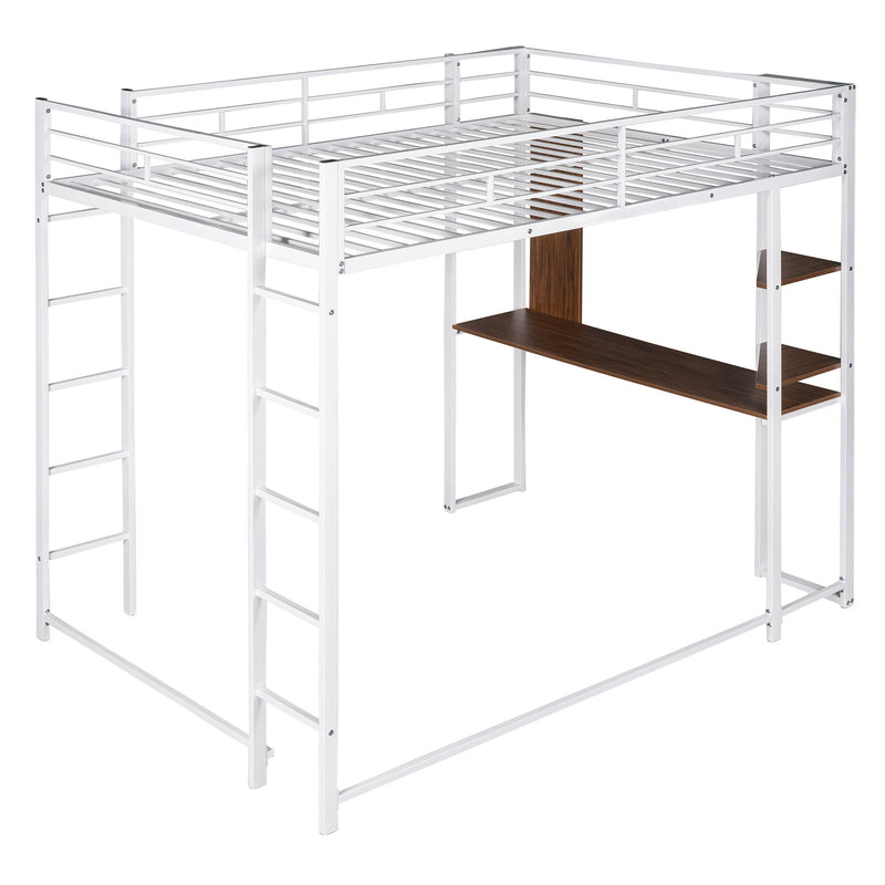 Full Size Metal Loft Bed With 2 Shelves And One Desk, White