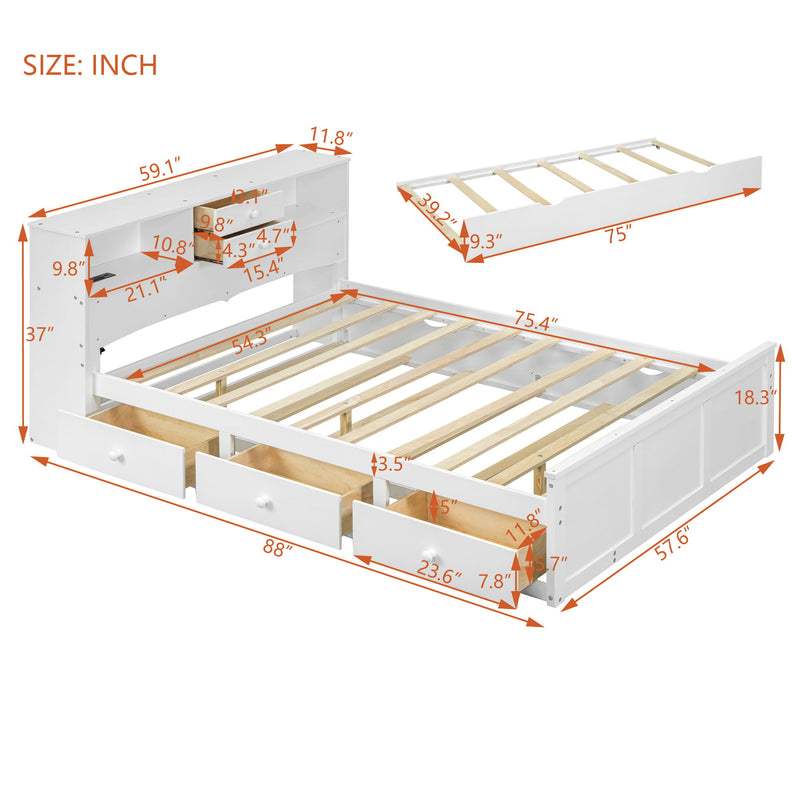 Full Size Wood Pltaform Bed With Win Size Trundle, 3 Drawers, Upper Shelves And A Set Of USB Ports & Sockets, White