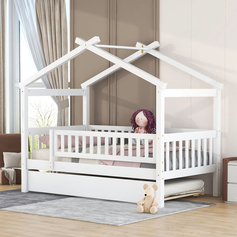 Twin Size Wooden House Bed With Twin Size Trundle, White