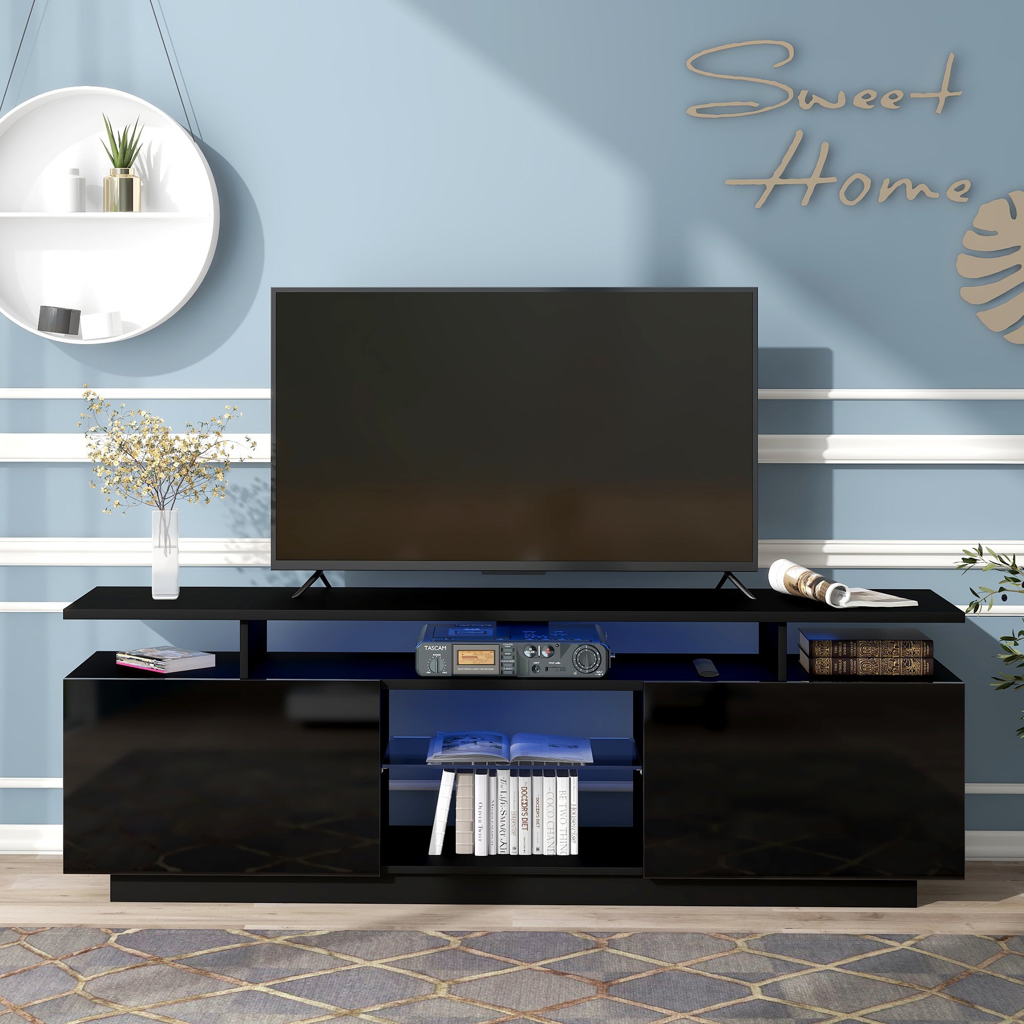 ON-TREND Modern TV Stand for TVs up to 65inches with LED lights, 16 Colors, for Livingroom, Bedroom, Black  (OLD SKU: WF280706AAB) - Atlantic Fine Furniture Inc