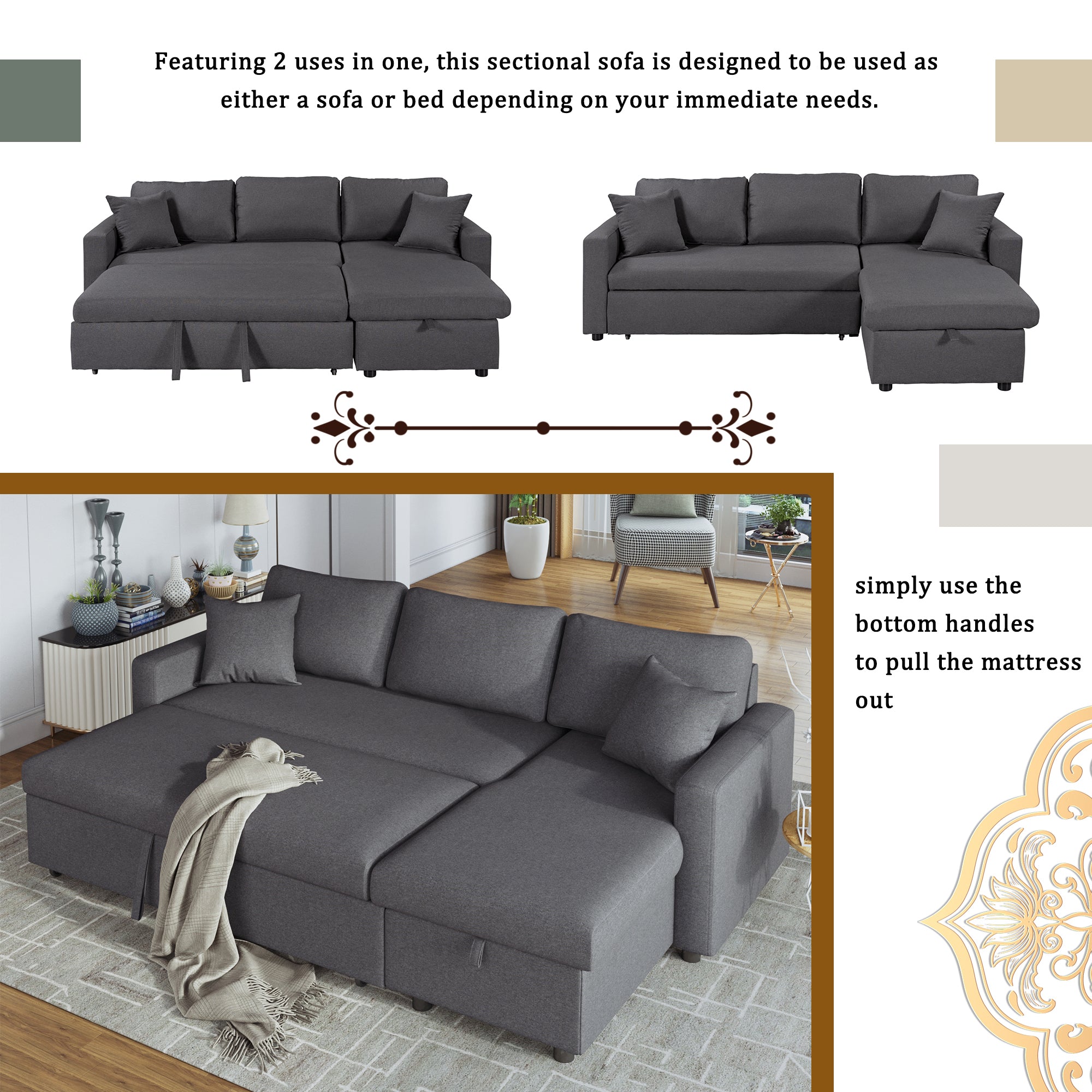 U_STYLE Upholstery  Sleeper Sectional Sofa Grey with Storage Space, 2 Tossing Cushions - Atlantic Fine Furniture Inc