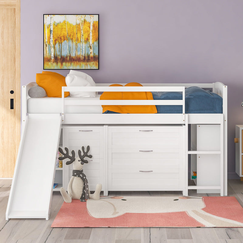 Low Twin Size Loft Bed With Cabinets, Shelves And Slide White