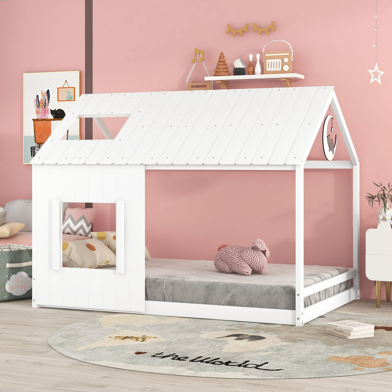 Full Size House Bed With Roof And Window - White
