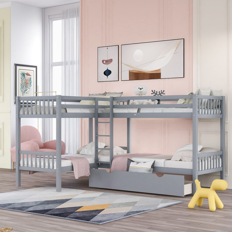 Twin L-Shaped Bunk Bed With Drawers - Gray