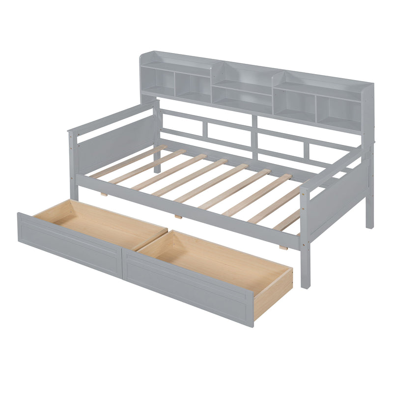 Twin Size Daybed, Wood Slat Support, With Bedside Shelves And Two Drawers, Gray