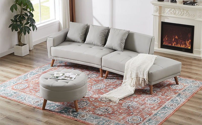 Contemporary Sofa Stylish Sofa Couch With A Round Storage Ottoman And Three Removable Pillows For Living Room, Grey