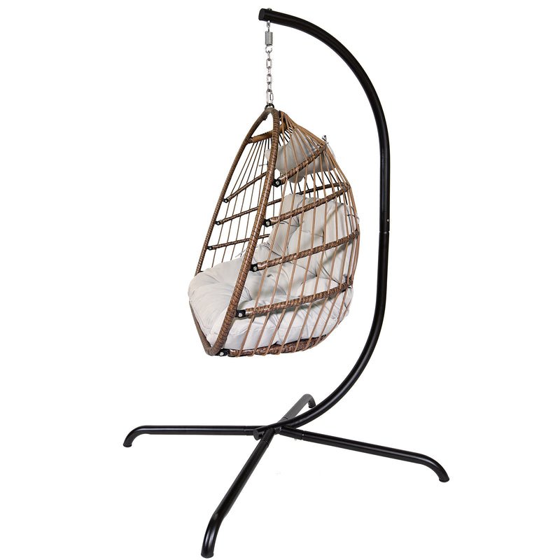 Swing Egg Chair with Stand Indoor Outdoor Wicker Rattan Patio Basket Hanging Chair with C Type bracket , with cushion and pillow,Patio Wicker folding Hanging Chair - Atlantic Fine Furniture Inc