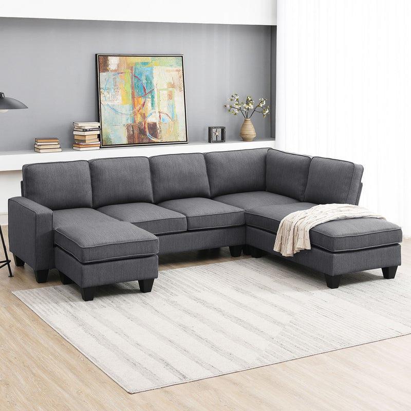 104.3*78.7" Modern L-Shaped Sectional Sofa, 7-Seat Linen Fabric Couch Set With Chaise Lounge And Convertible Ottoman For Living Room, Apartment, Office - Gray