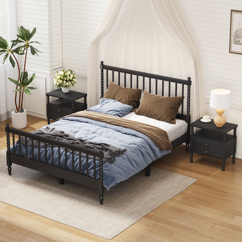 3 Pieces Bedroom Sets Queen Size Wood Platform Bed With Gourd Shaped Headboard And Footboard With 2 Nightstands, Black