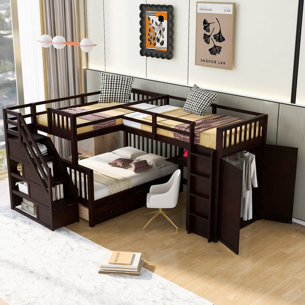 Twin-Twin Over Full L-Shaped Bunk Bed With 3 Drawers, Portable Desk And Wardrobe, Espresso