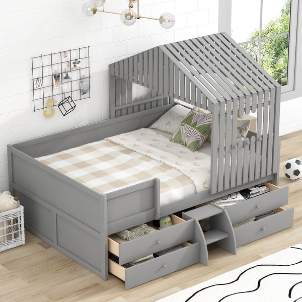 Full Size House Low Loft Bed With Four Drawers - Gray
