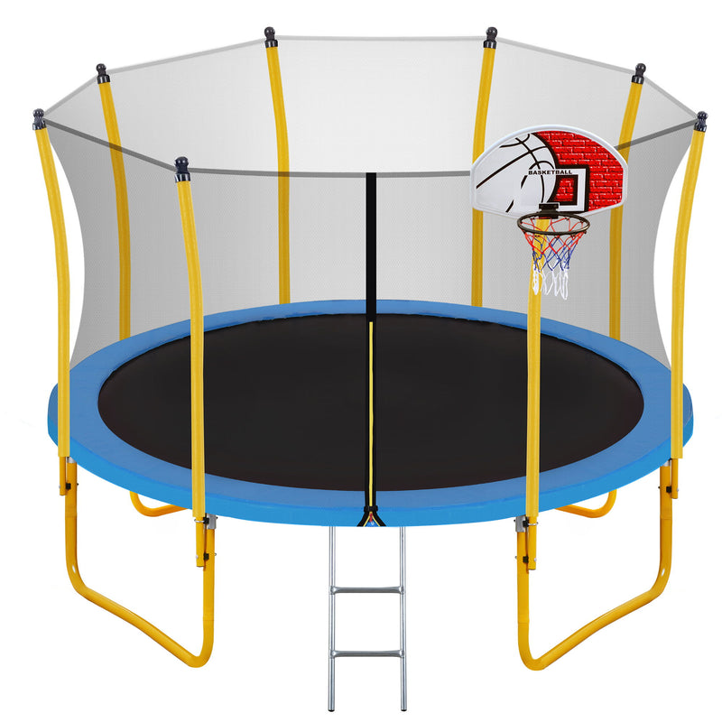 12FT Trampoline For Kids With Safety Enclosure Net - Basketball Hoop And Ladder - Easy Assembly Round Outdoor Recreational Trampoline - Yellow