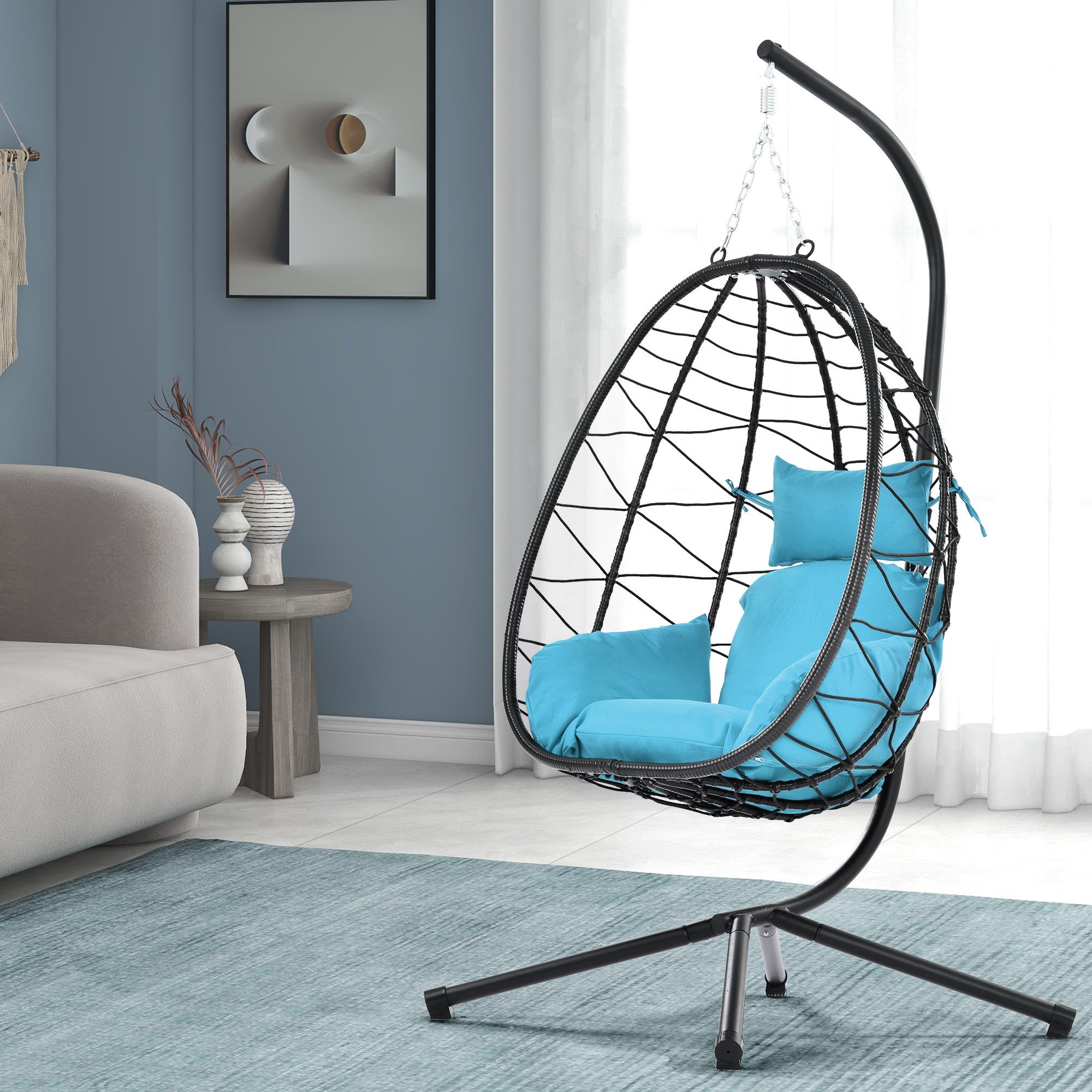 Egg Chair with Stand Indoor Outdoor Swing Chair Patio Wicker Hanging Egg Chair Hanging Basket Chair Hammock Chair with Stand for Bedroom Living Room Balcony - Atlantic Fine Furniture Inc
