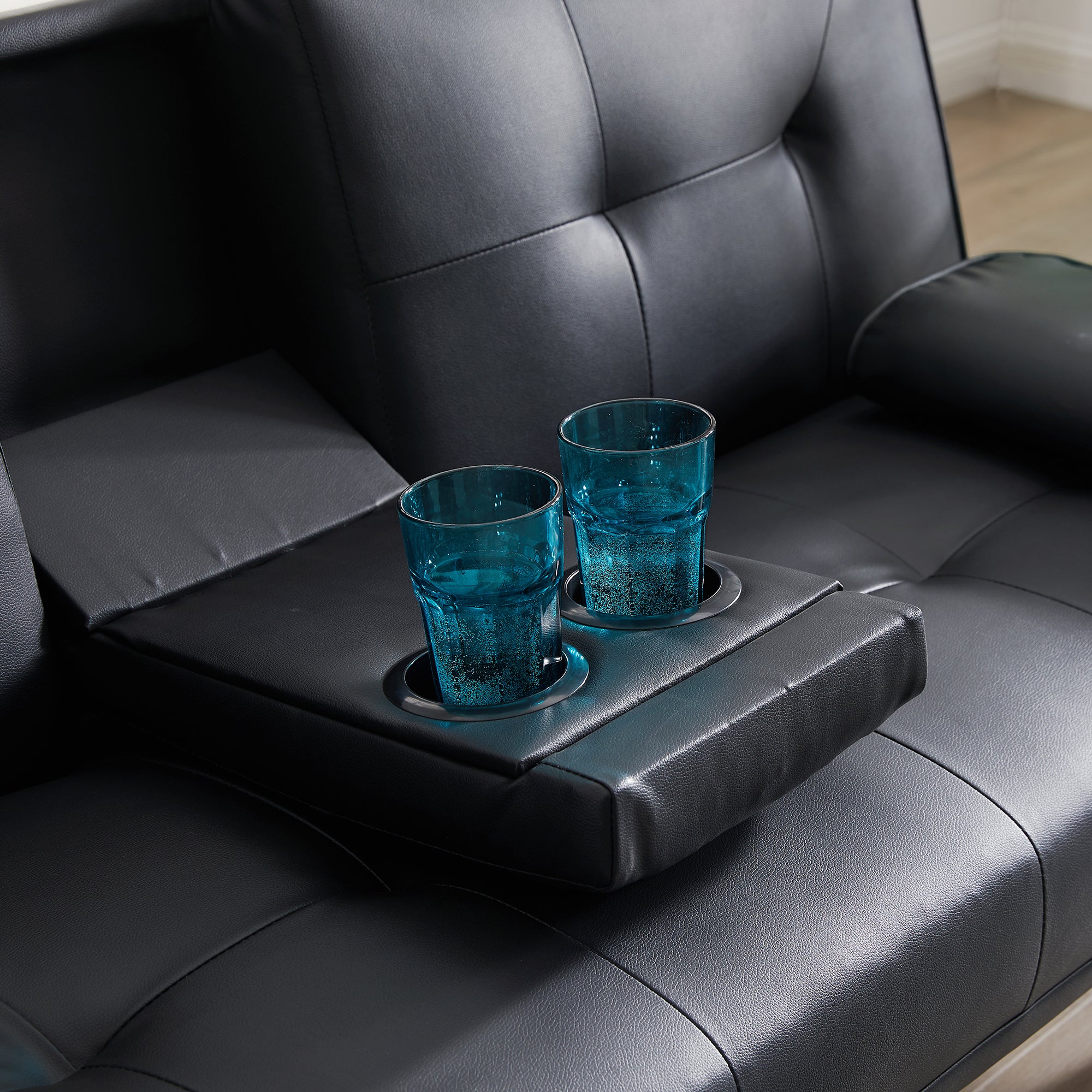 Modern Faux Leather Loveseat Sofa Bed with Cup Holders , Convertible Folding Sleeper Couch Bed . - Atlantic Fine Furniture Inc