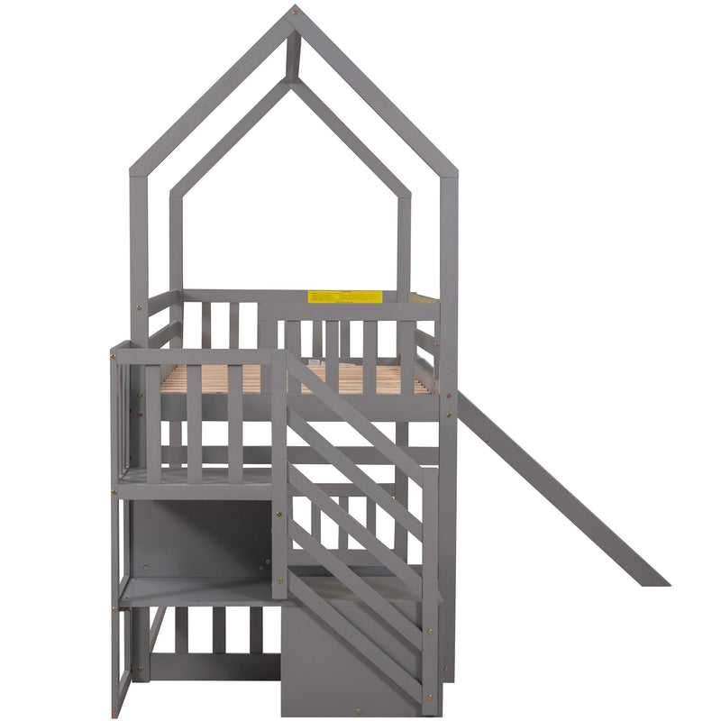 Twin Over Twin House Bunk Bed With Convertible Slide, Storage Staircase Can Be Placed Left Or Right, Gray