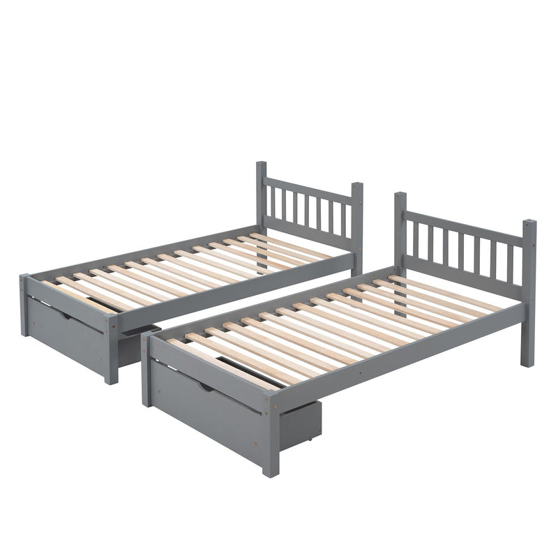 Full Over Twin & Twin Bunk Bed, Wood Triple Bunk Bed With Drawers And Guardrails, Gray