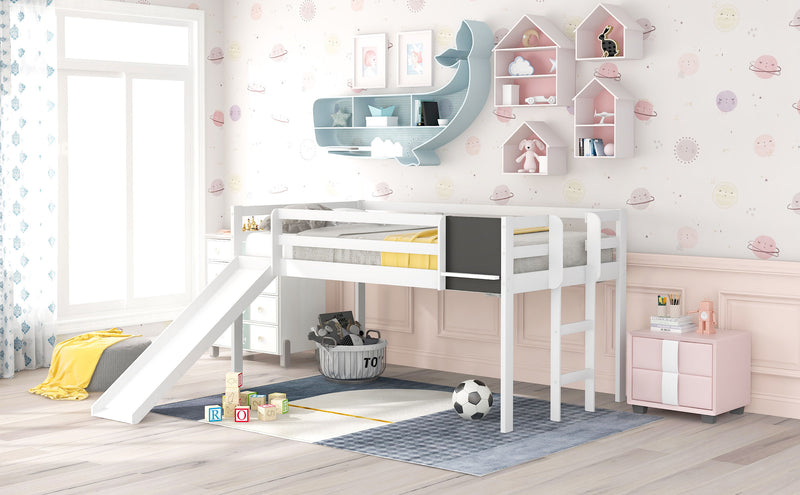 Twin Size Loft Bed Wood Bed With Slide, Stair And Chalkboard, White
