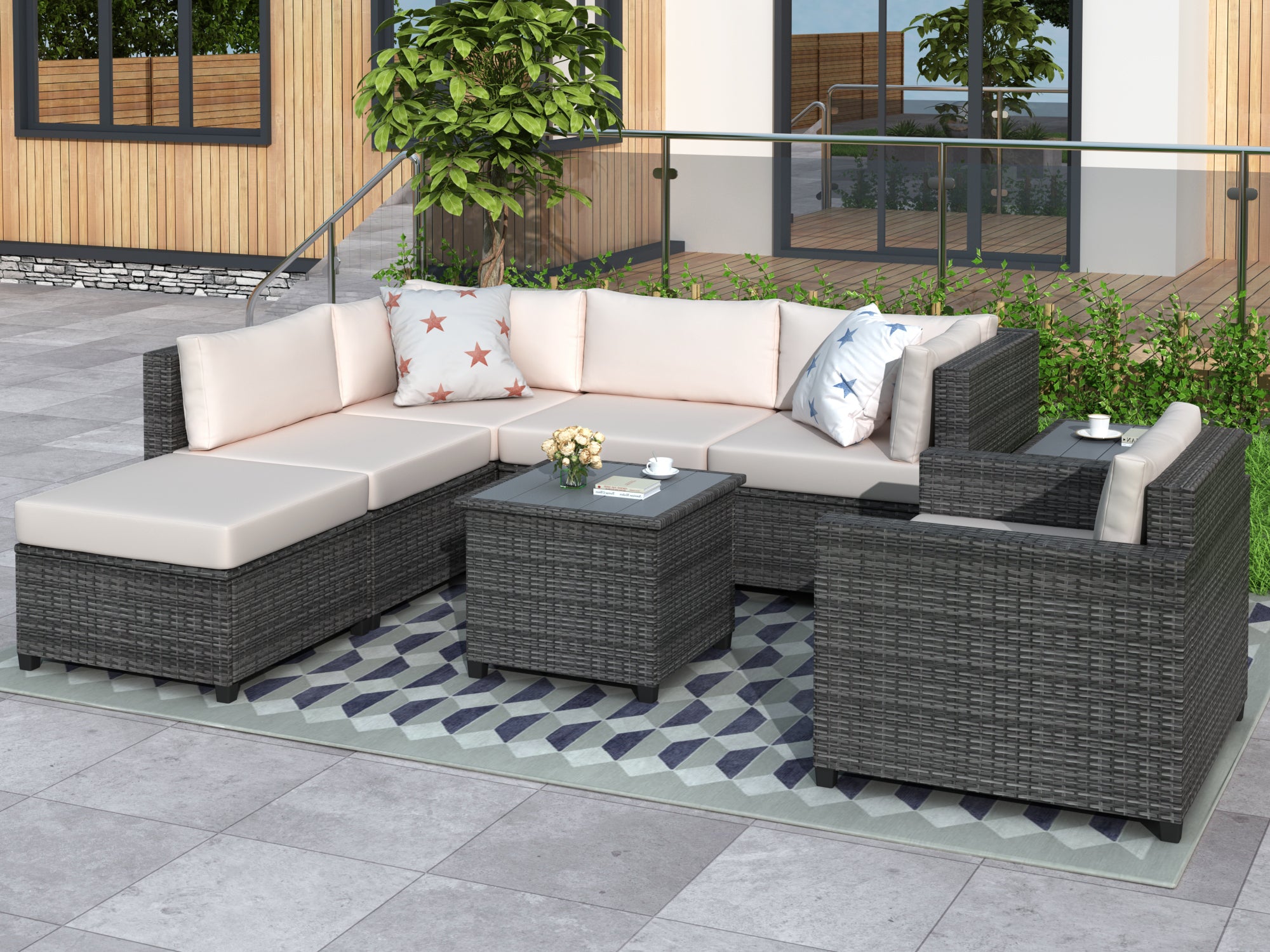 U_Style 8 Piece Rattan Sectional Seating Group with Cushions, Patio Furniture Sets, Outdoor Wicker Sectional - Atlantic Fine Furniture Inc