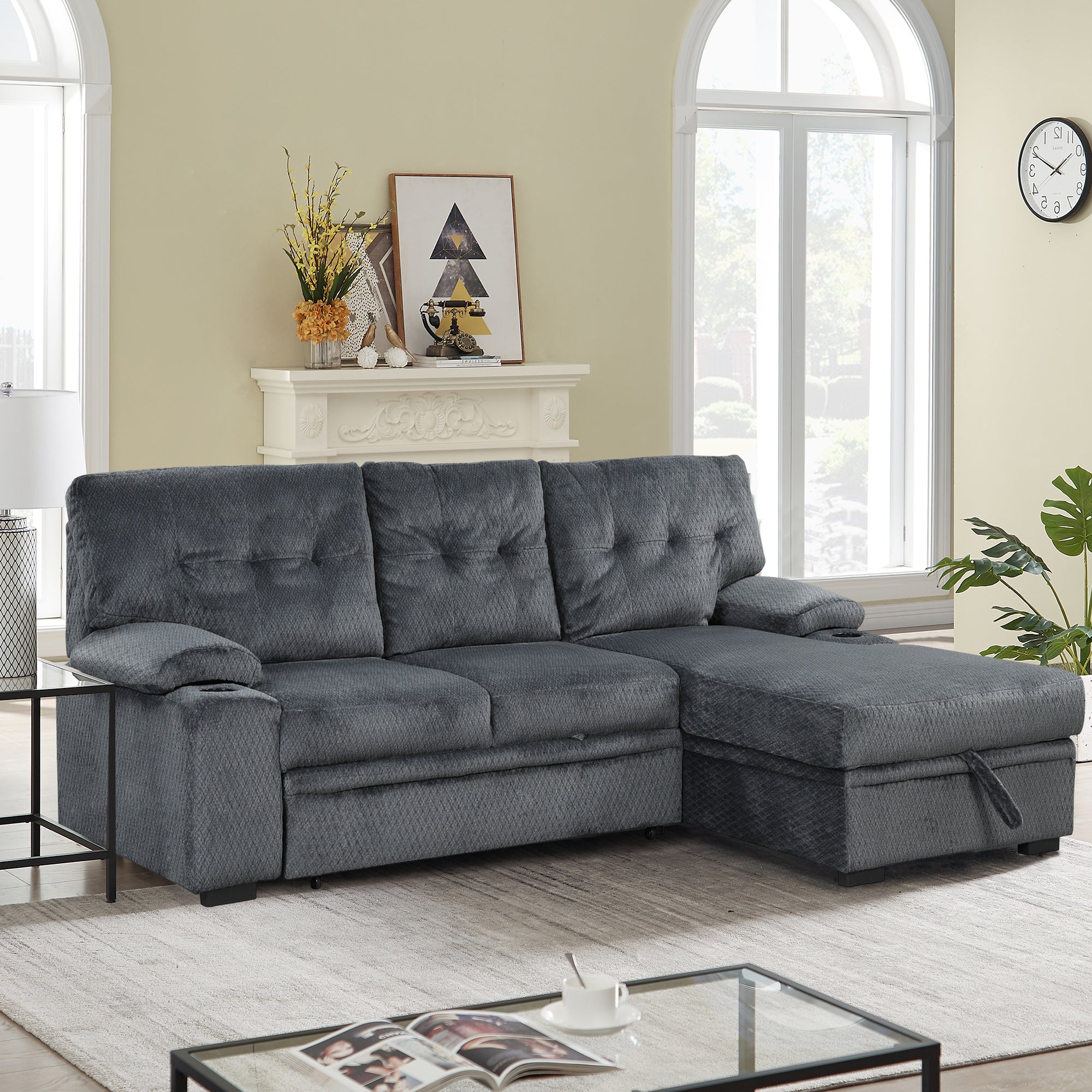 Orisfur. Modern Padded Upholstered  Sofa Bed Sleeper Sectional Sofa with Storage Chaise and Cup Holder for Living Room Furniture Set - Atlantic Fine Furniture Inc