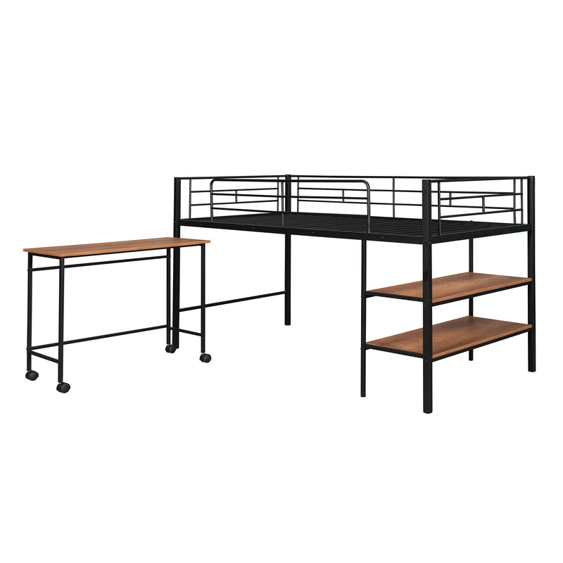 Twin Size Metal Loft Bed With Desk And Shelves, Black