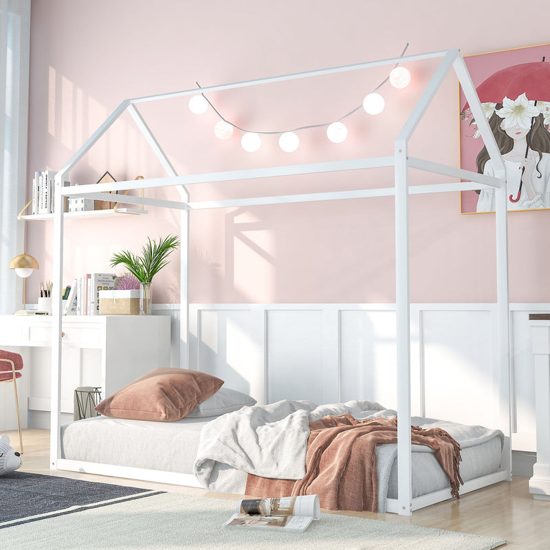 House Bed Frame Twin Size, Kids Bed Frame Metal Platform Bed Floor Bed For Kids Boys Girls No Box Spring Needed White