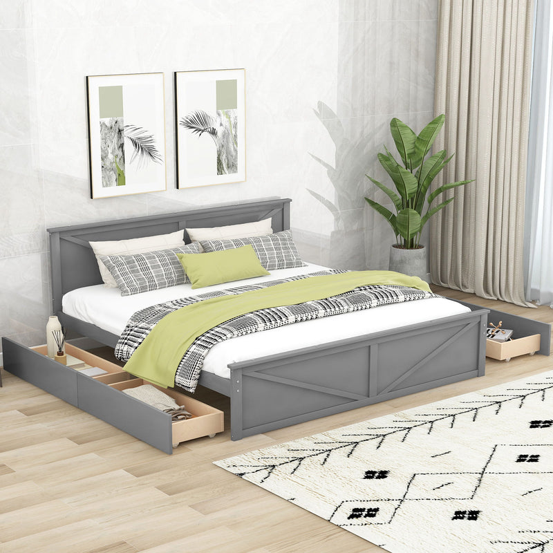 King Size Wooden Platform Bed With Four Storage Drawers And Support Legs, Gray