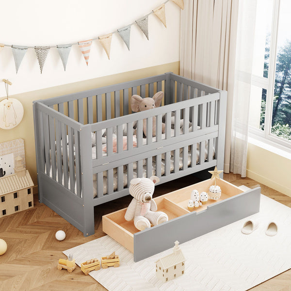 Crib With Drawers And 3 Height Options, Gray