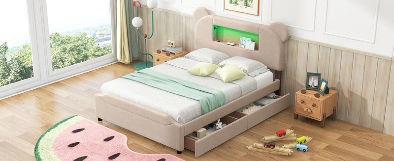 Full Size Upholstered Storage Platform Bed With Cartoon Ears Shaped Headboard, Led And Usb, Beige