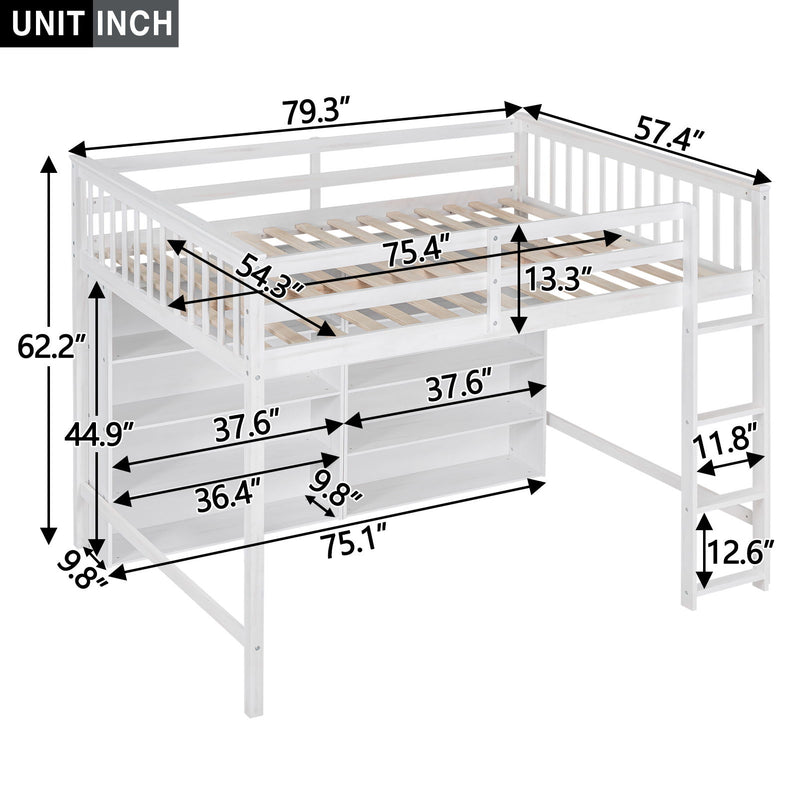 Full Size Loft Bed With 8 Open Storage Shelves And Built-In Ladder, White