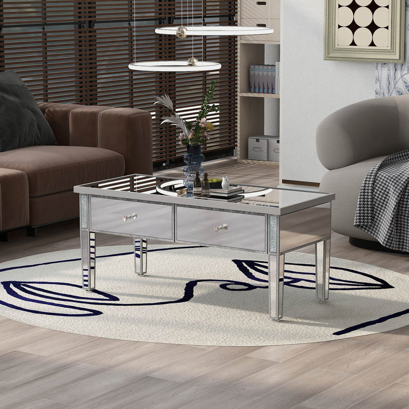 On-Trend Modern Glass Mirrored Coffee Table With 2 Drawers, Cocktail Table With Crystal Handles And Adjustable Height Legs For Living Room, Silver