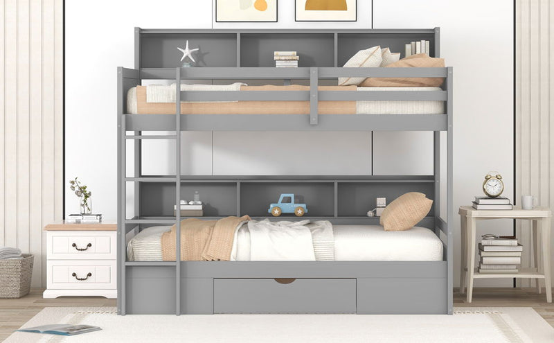 Twin Size Bunk Bed With Built-In Shelves Beside Both Upper And Down Bed And Storage Drawer, Gray