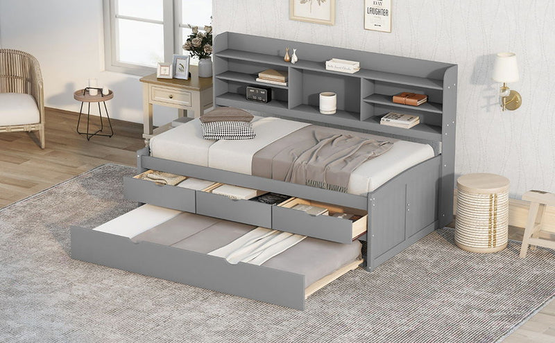 Twin Size Wooden Captain Bed With Built-In Bookshelves, Three Storage Drawers And Trundle, Light Grey