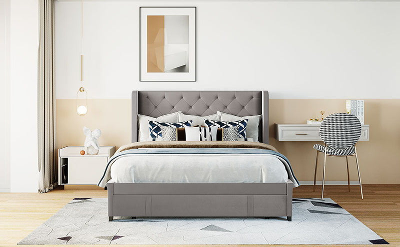 Queen Size Storage Bed Velvet Upholstered Platform Bed With Wingback Headboard And A Big Drawer (Gray)