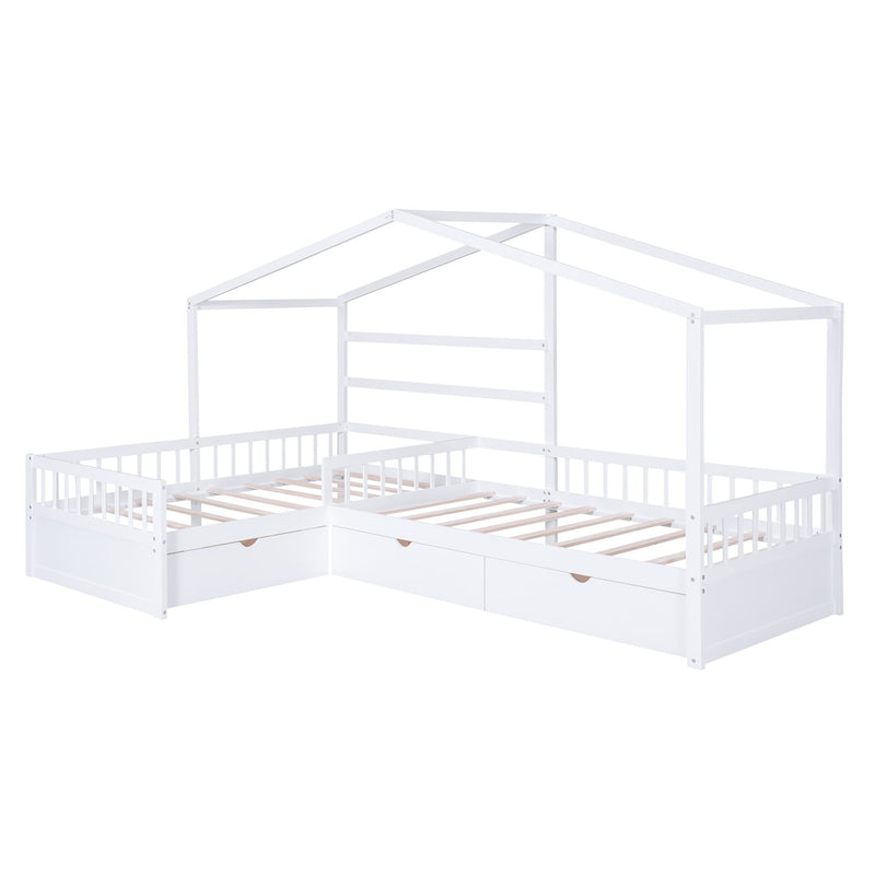 Twin Size House Platform Bed With Three Storage Drawers, White