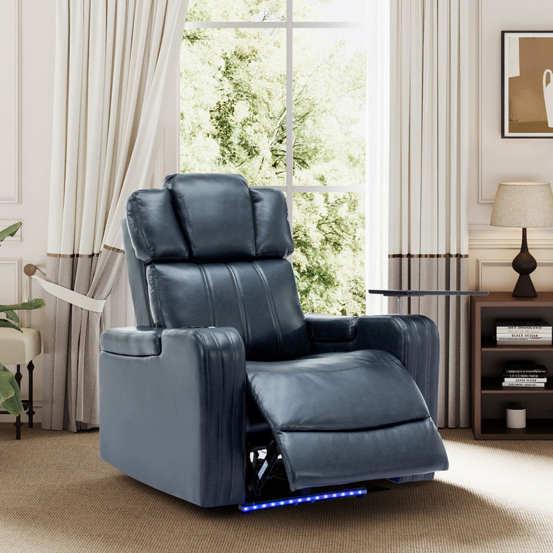 Power Recliner Individual Seat Home Theater Recliner With Cooling Cup Holder, Bluetooth Speaker, LED Lights, USB Ports, Tray Table, Arm Storage For Living Room, Blue