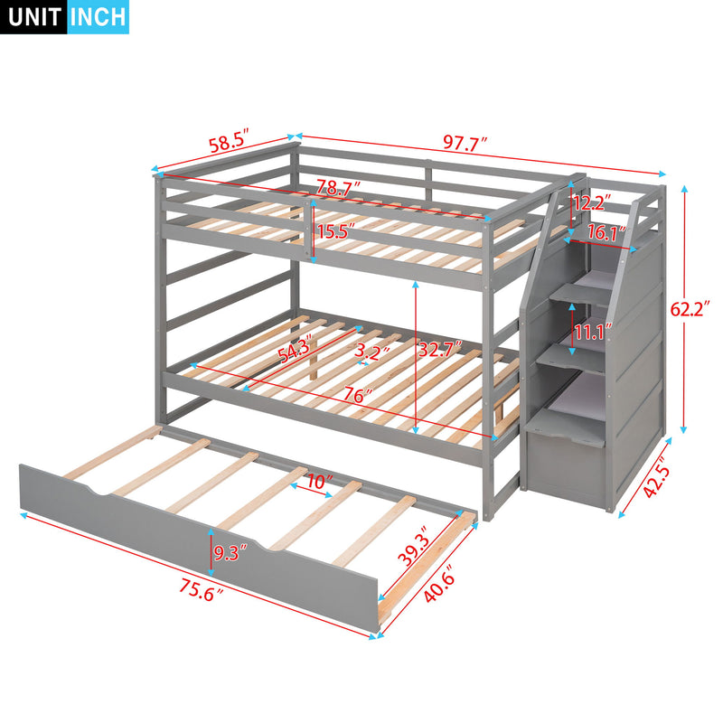 Full-Over-Full Bunk Bed With Twin Size Trundle And 3 Storage Stairs, Gray