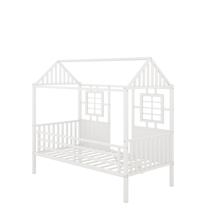 Twin Size Metal Low Loft House Bed With Roof And Two Front Windows, White