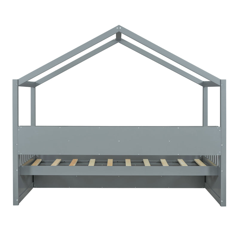Twin Size Wooden House Bed With Shelves And A Mini-Cabinet, Gray