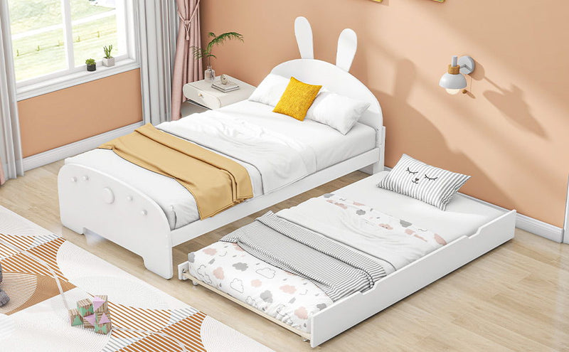 Wood Twin Size Platform Bed With Cartoon Ears Shaped Headboard And Trundle, White