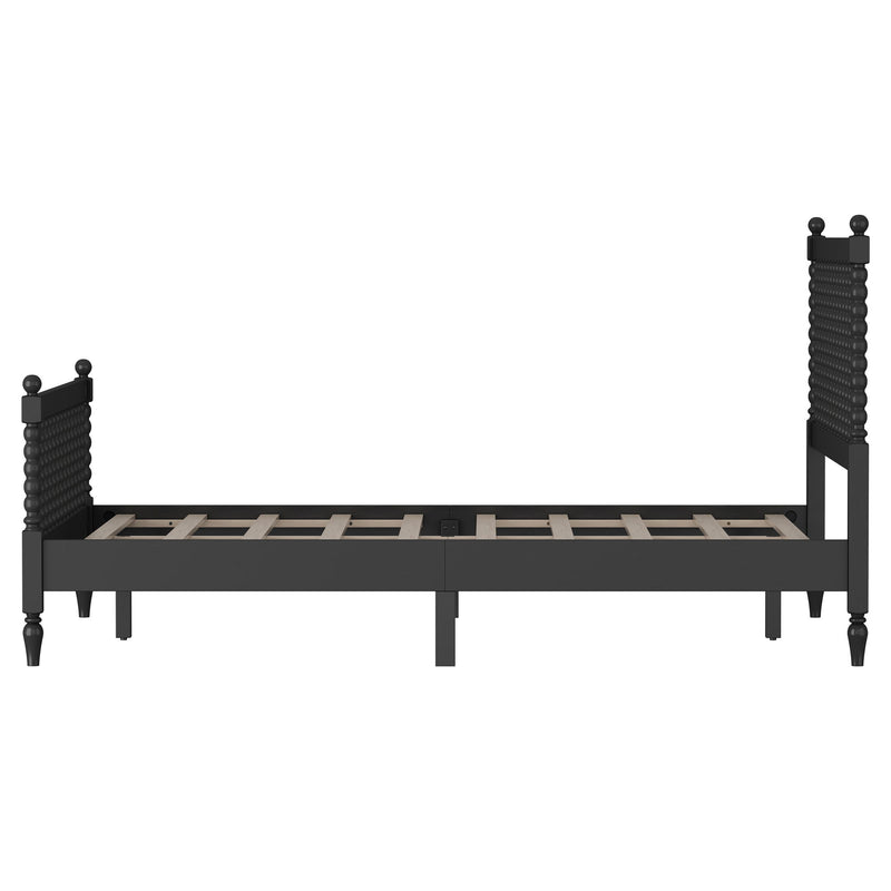 Queen Size Wood Platform Bed With Gourd Shaped Headboard And Footboard, Black