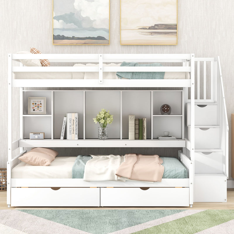 Twin Long Over Full Bunk Bed With Built-In Storage Shelves, Drawers And Staircase, White