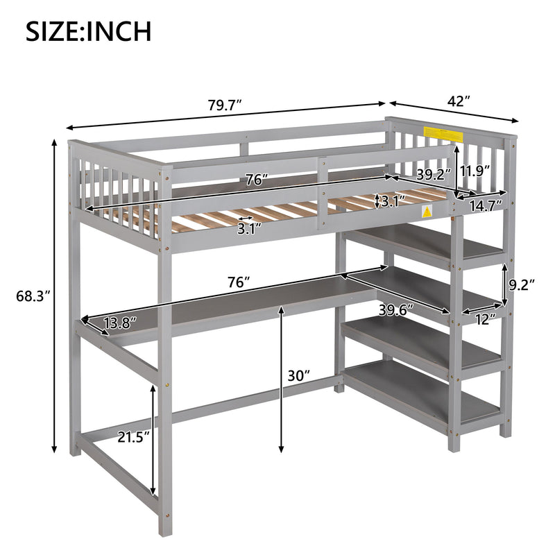 Twin Size Loft Bed With Storage Shelves And Under - Bed Desk, Gray