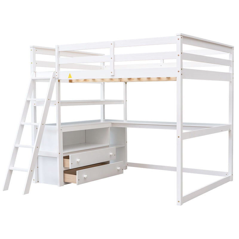 Full Size Loft Bed With Desk And Shelves, Two Built-In Drawers, White