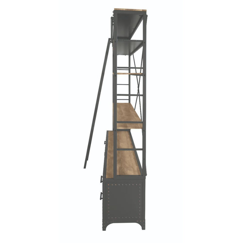 Depict the gentle flow of industrial modern decor with the Actaki bookshelf and ladder set. Industrial modern shelving unit with 4 drawers with Nailhead trim and 2 open shelves provide a unique storage and display to you room. Some assembly required.