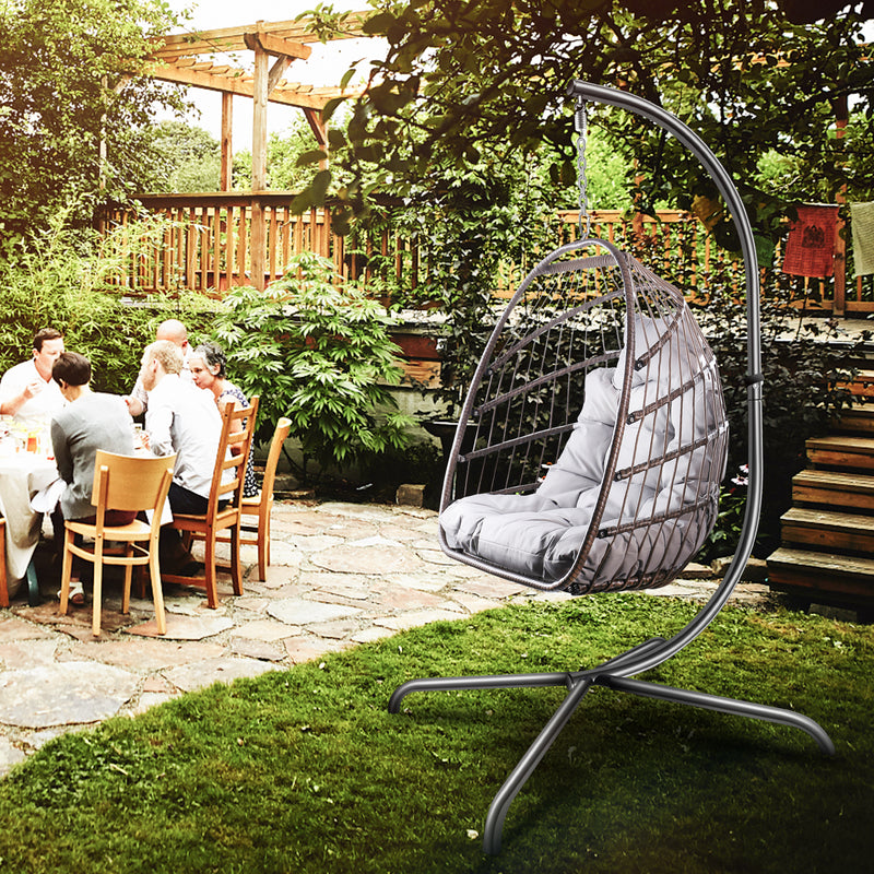 Swing Egg Chair with Stand Indoor Outdoor Wicker Rattan Patio Basket Hanging Chair with C Type bracket , with cushion and pillow,Patio Wicker folding Hanging Chair - Atlantic Fine Furniture Inc