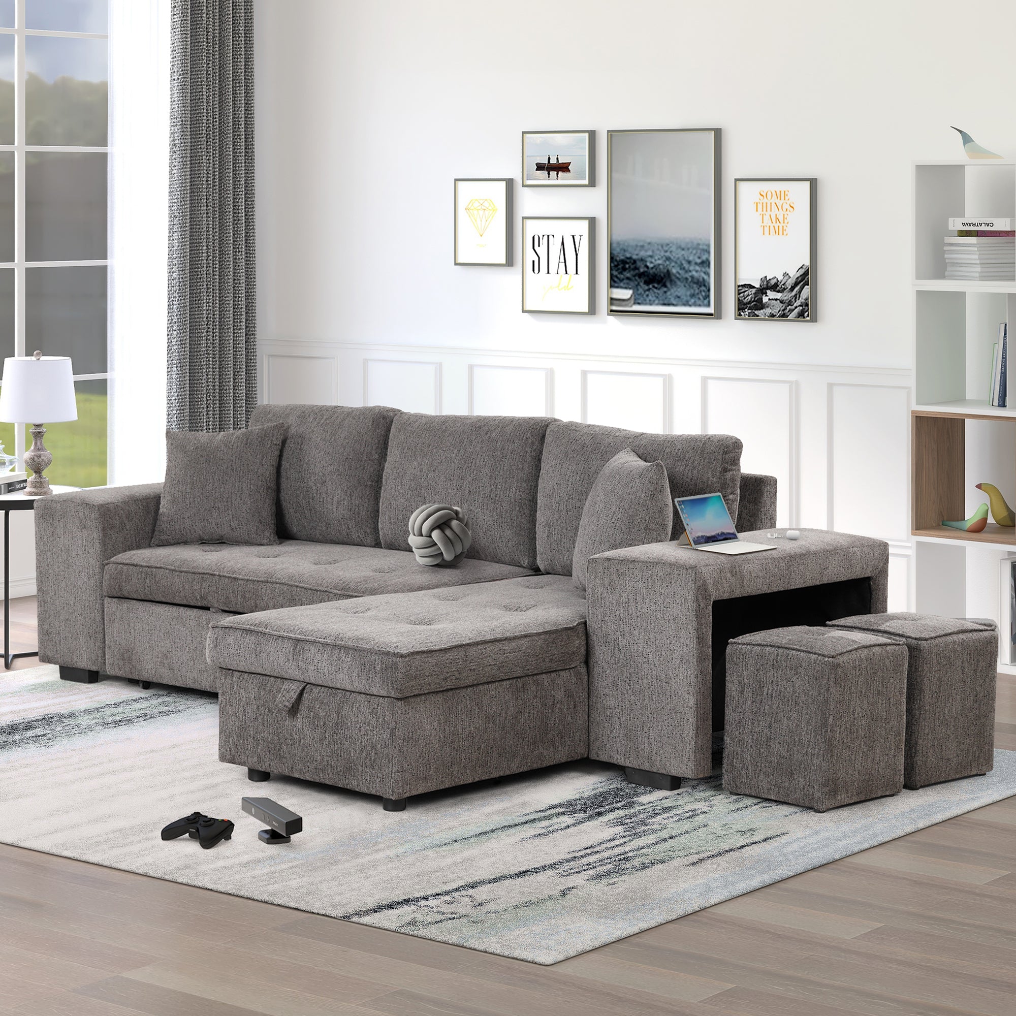 Orisfur. 104" L-Shape 3 Seat Reversible Sectional Couch, Pull Out Sleeper Sofa with Storage Chaise and 2 Stools for Living Room Furniture Set - Atlantic Fine Furniture Inc