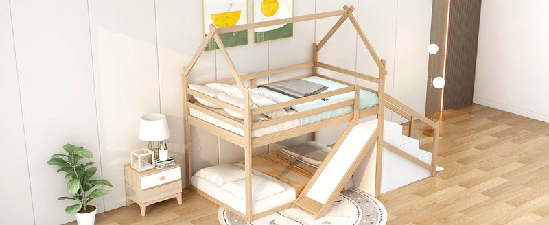 Twin Over Twin House Loft Or Bunk Bed With Slide And Staircase, Natural