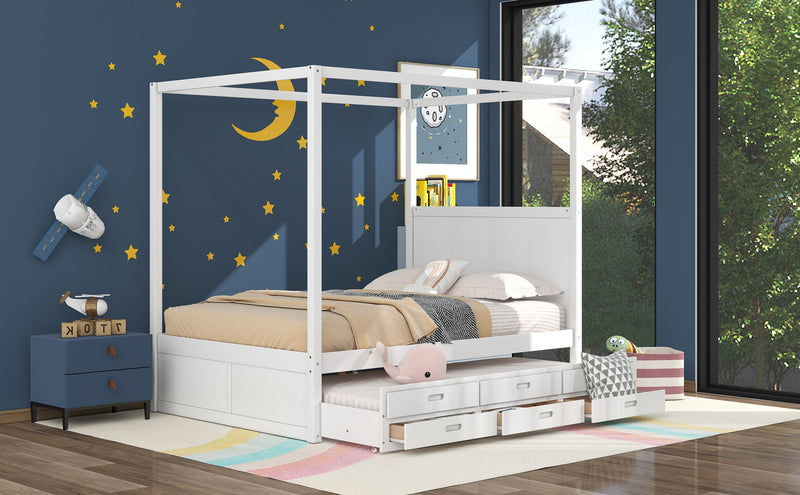 Queen Size Canopy Platform Bed With Twin Size Trundle And Three Storage Drawers, White