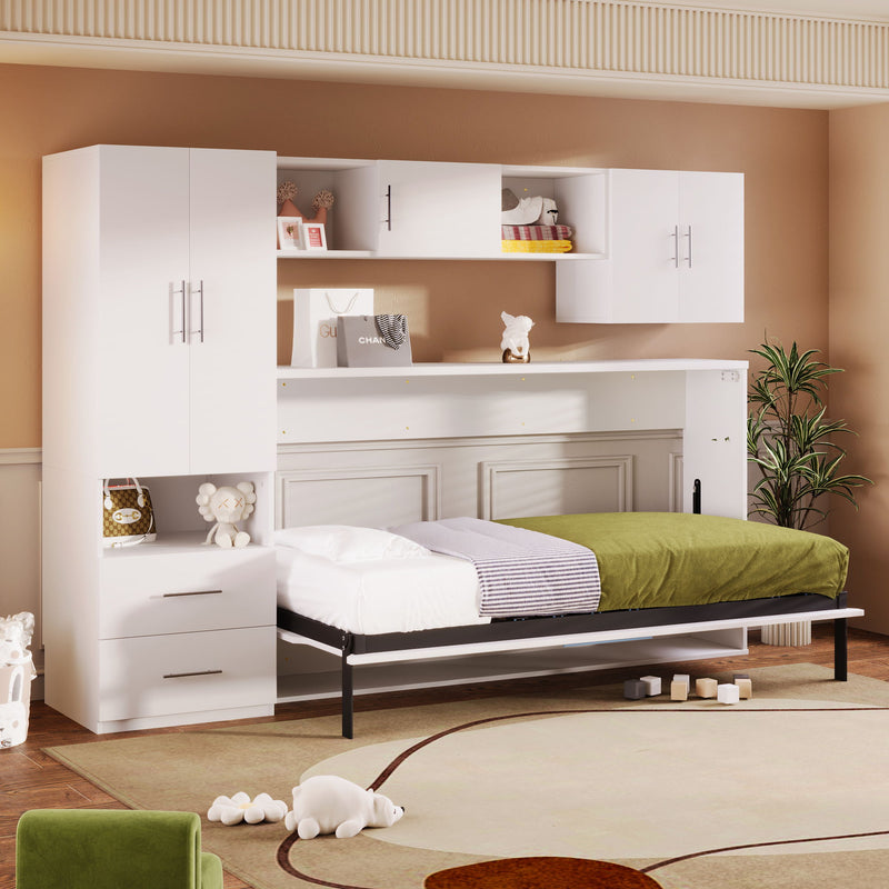 Twin Size Murphy Bed With Open Shelves And Storage Drawers, Built - In Wardrobe And Table, White